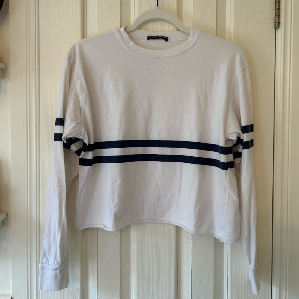 Brandy Melville White Long Sleeve Shirt with Navy Stripes
